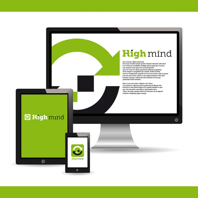Identité High Mind déclinée sur écran, tablette et téléphone.